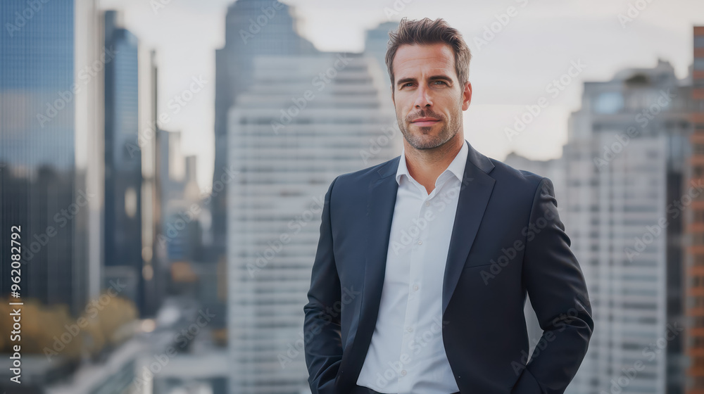 A sharp-dressed man exudes confidence while standing against a backdrop of modern city skyscrapers, capturing the essence of urban professionalism and ambition in a dynamic environment A sharp-dressed man exudes confidence while standing against a backdrop of modern city skyscrapers, capturing the essence of urban professionalism and ambition in a dynamic environment