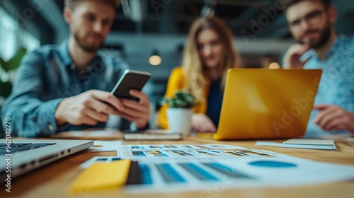 Close-up of a table with a laptop, a smartphone, papers, and people out of focus in the background.