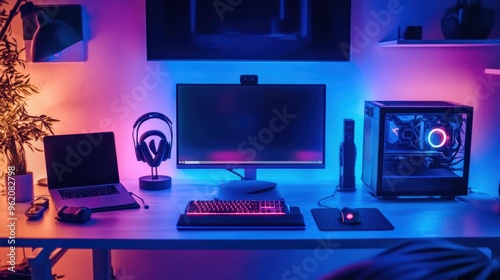 Bright, multi-colored LED lighting on a blue-themed desk with advanced tech gadgets in use