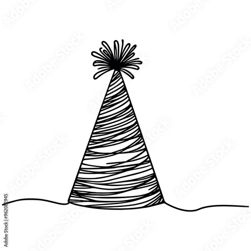One line party hat. Happy Birthday, Vector continuous outline isolated illustration for birthday