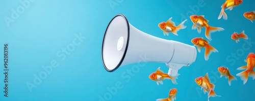 A white megaphone floating in the water, surrounded by orange goldfish swimming around it. online or marketing campaign in new customers for a customer electronics sales. advertising concept.