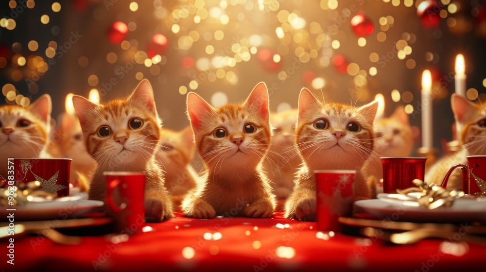 A group of adorable ginger kittens seated at a festive holiday dinner table, surrounded by warm lighting and red decorations. The cozy, joyful atmosphere is perfect for Christmas or holiday-themed A group of adorable ginger kittens seated at a festive holiday dinner table, surrounded by warm lighting and red decorations. The cozy, joyful atmosphere is perfect for Christmas or holiday-themed