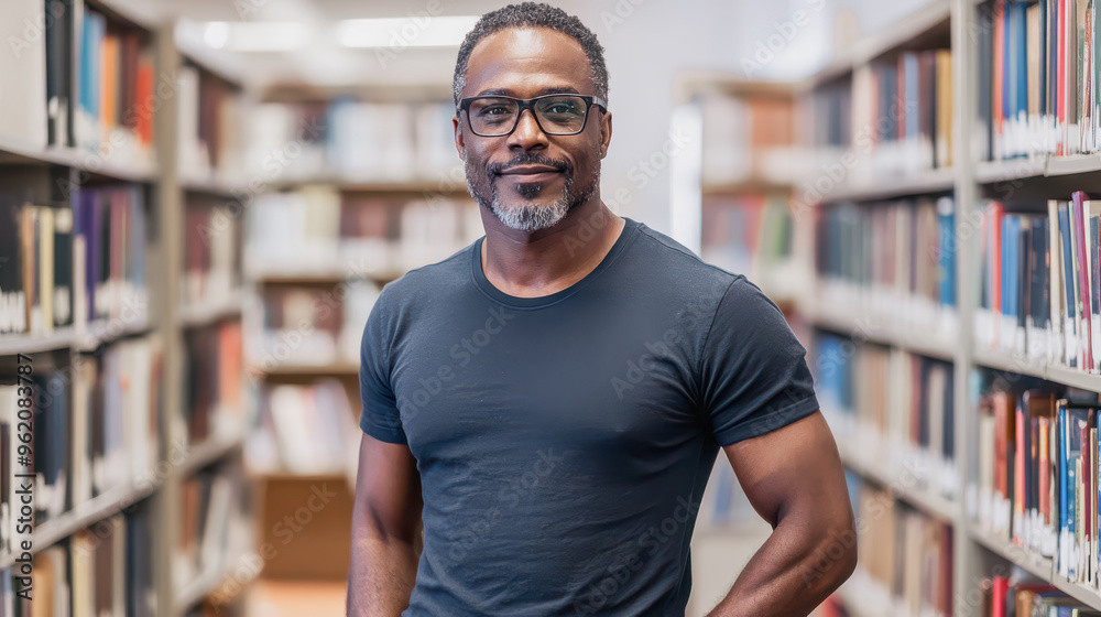 A confident man stands amidst towering bookshelves, exemplifying the essence of knowledge and learning in a modern library setting, inviting curiosity and intellectual exploration A confident man stands amidst towering bookshelves, exemplifying the essence of knowledge and learning in a modern library setting, inviting curiosity and intellectual exploration