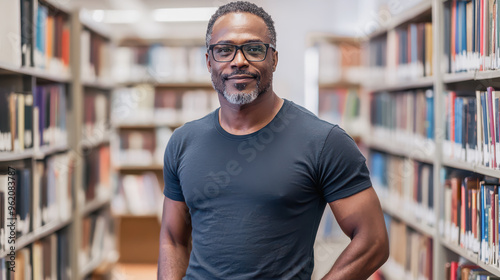 A confident man stands amidst towering bookshelves, exemplifying the essence of knowledge and learning in a modern library setting, inviting curiosity and intellectual exploration