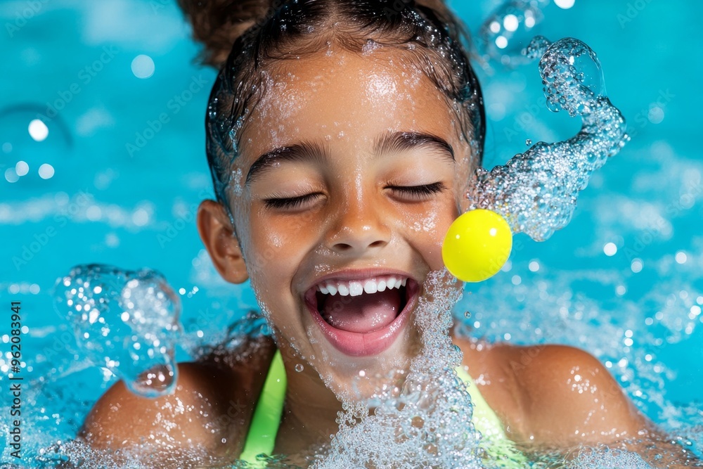 Children in the pool, bubble-blowing fun, making magic blow bubbles that shimmer in the air, adding to the playful atmosphere Children in the pool, bubble-blowing fun, making magic blow bubbles that shimmer in the air, adding to the playful atmosphere