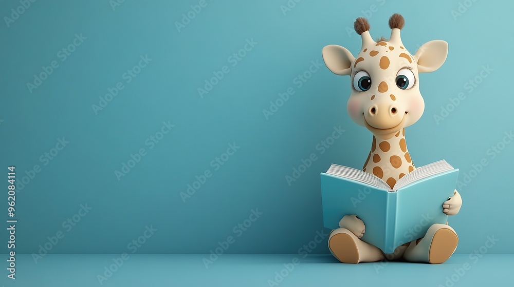 Obraz premium Cute Cartoon Giraffe Reading a Book on Blue Background