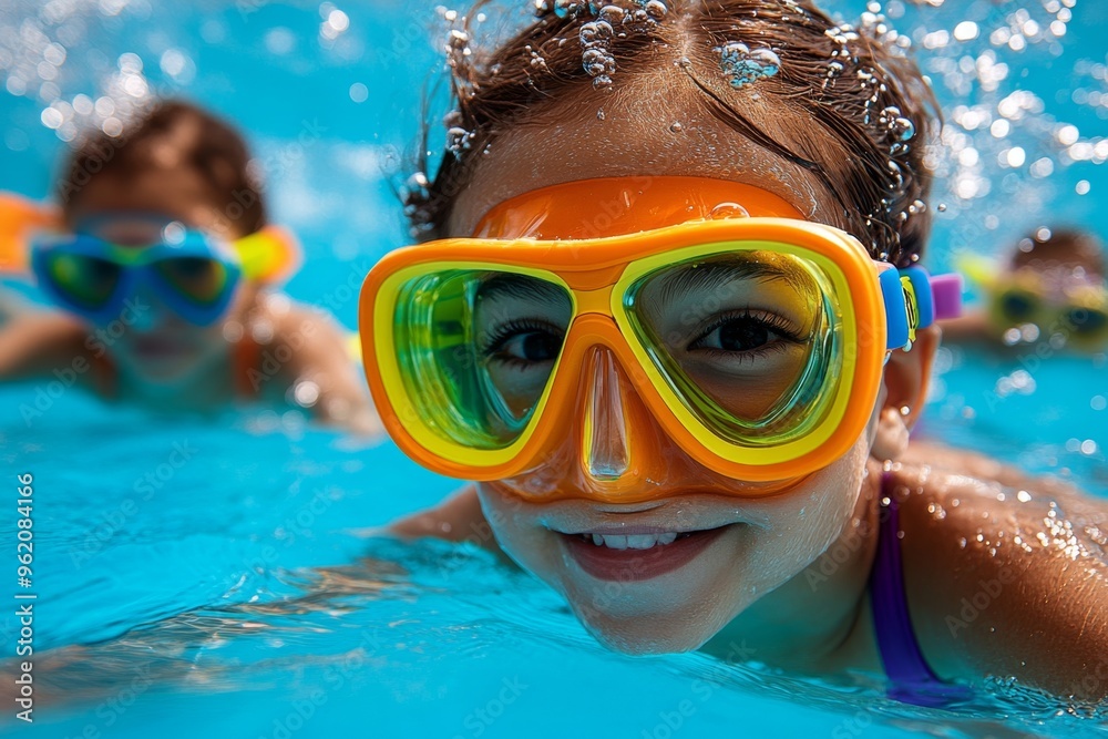 Naklejka premium Children in the pool, diving rings, underwater treasure hunt dive to the bottom to collect colorful rings, racing to see who finds the most