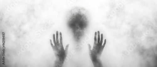 The blurry silhouette of the person's hands and face behind foggy glass, creating an eerie atmosphere. The background is blurred to emphasize their presence.
