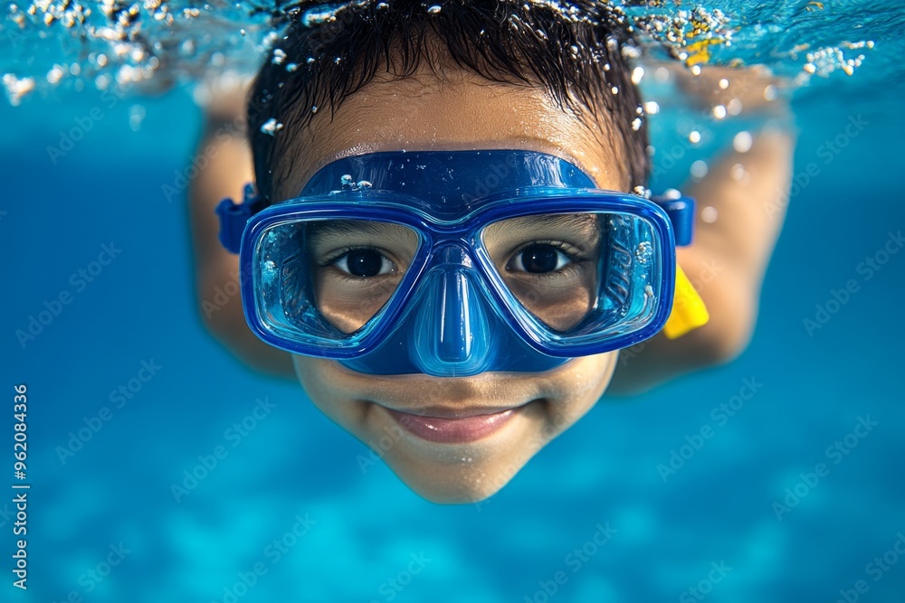 Naklejka premium Children in the pool, goggles on, underwater explorers dive deep to find toys and treasures at the bottom
