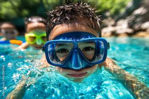 Children in the pool, goggles on, underwater explorers dive deep to find toys and treasures at the bottom