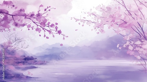 A painting of a serene landscape with a body of water and cherry blossoms