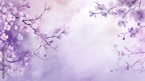 A painting of a serene landscape with a body of water and cherry blossoms