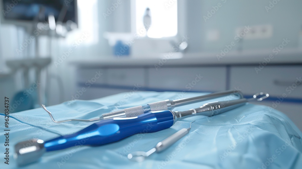 Close up of dental tools on blue paper in a sterile dentist's office. Close up of dental tools on blue paper in a sterile dentist's office.