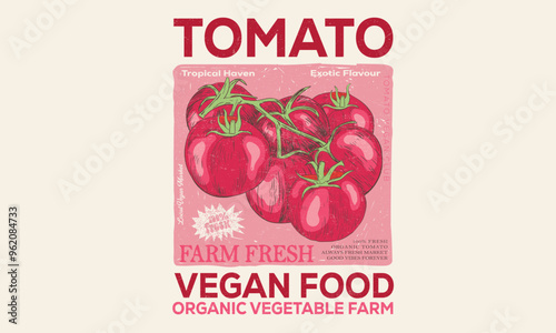 Tomato vegetable artwork for t shirt print, poster, sticker and other uses. Fresh vegan food. Red tomato vintage t-shirt design. Organic vegetable farm.