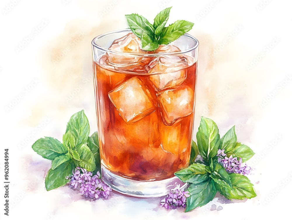 Iced Tea with Mint and Flowers Watercolor Illustration