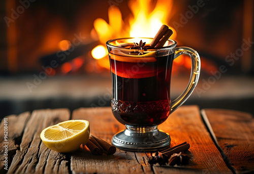 Grogg in a Glass Mug with Lemon and Cinnamon on a Wooden Table by the Fire photo