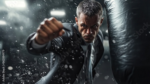 Businessman in a suit punches a punching bag with intense focus, symbolizing determination and corporate strength.