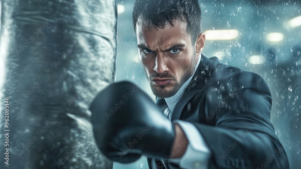 Focused businessman in a suit boxing a punching bag in a gym, portraying determination, strength, and resilience in a business setting. Focused businessman in a suit boxing a punching bag in a gym, portraying determination, strength, and resilience in a business setting.