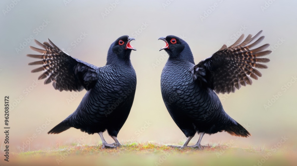 Two black birds with red eyes standing on top of a grassy field, AI Two black birds with red eyes standing on top of a grassy field, AI