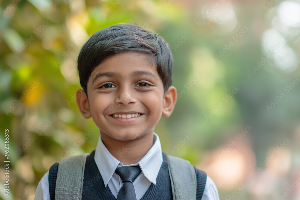 A 10-year-old schoolboy of Indian appearance smiles joyfully. school learning concept. Advertising banner A 10-year-old schoolboy of Indian appearance smiles joyfully. school learning concept. Advertising banner