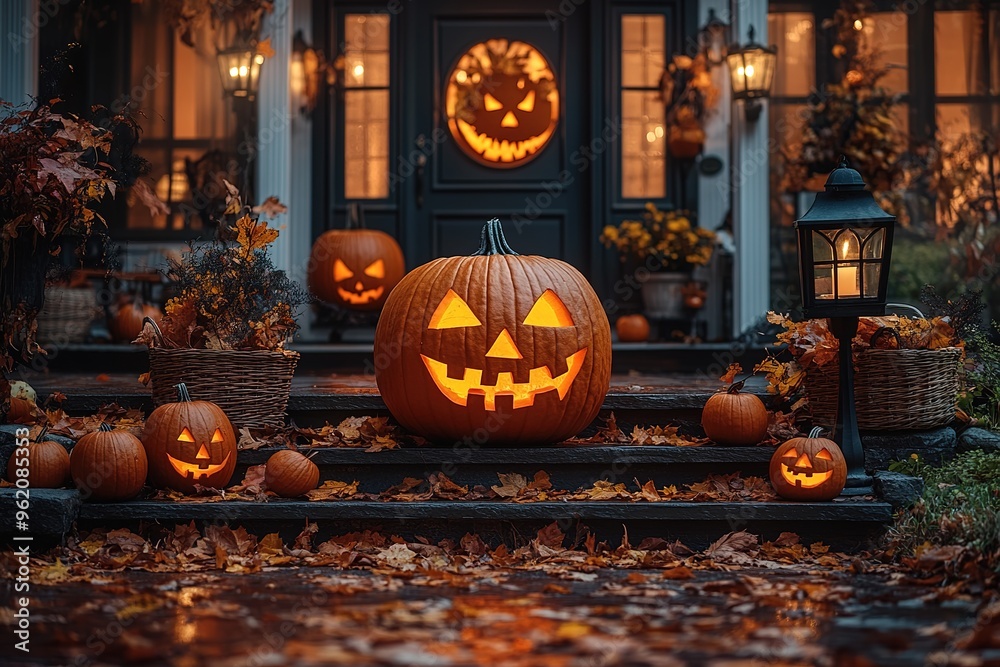Obraz premium Halloween pumpkin decorations. Pumpkin for decorated house. Halloween Decorated at front yard of a American home. Halloween decorated front door with pumpkins.