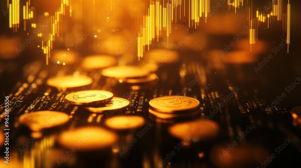 Floating gold currency and coins with a distant stock chart feeling Floating gold currency and coins with a distant stock chart feeling