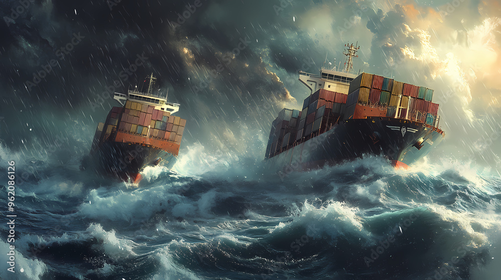 Two containerships in a stormy sea. Stormy Sea. Illustration Two containerships in a stormy sea. Stormy Sea. Illustration