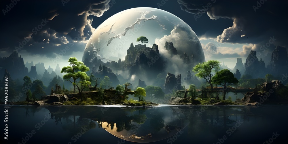 Fantasy illustration of nature, city, fictional world.