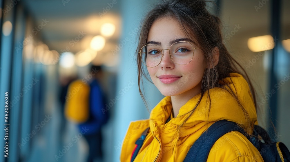 Young Woman in Yellow Jacket with Glasses Young Woman in Yellow Jacket with Glasses