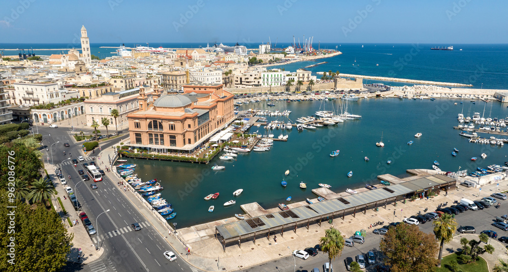 Aerial view of the Margherita theater in Bari, Puglia, Italy. It is located on the city's waterfront, near the tourist pier. Aerial view of the Margherita theater in Bari, Puglia, Italy. It is located on the city's waterfront, near the tourist pier.