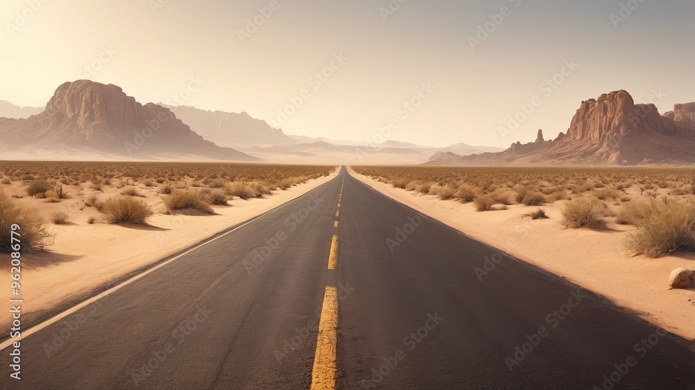 Fototapeta premium A Long Deserted Road Stretches Through Vast Desert Landscapes Beneath a Bright Sky During the Afternoon
