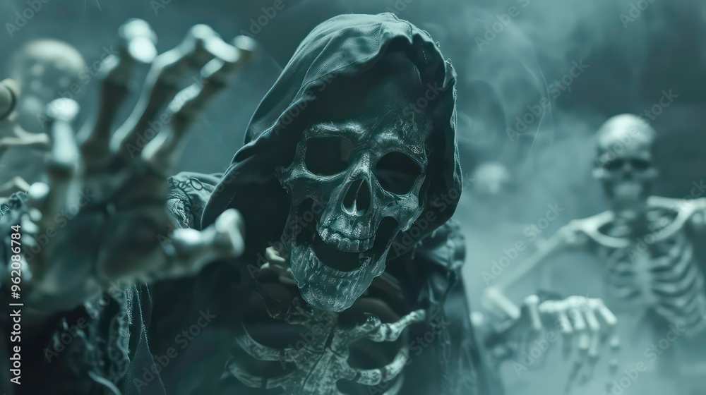 A skeletal figure in a dark hooded robe, reaching out with a bony hand, against a backdrop of smoke and other skeletal figures. A skeletal figure in a dark hooded robe, reaching out with a bony hand, against a backdrop of smoke and other skeletal figures.