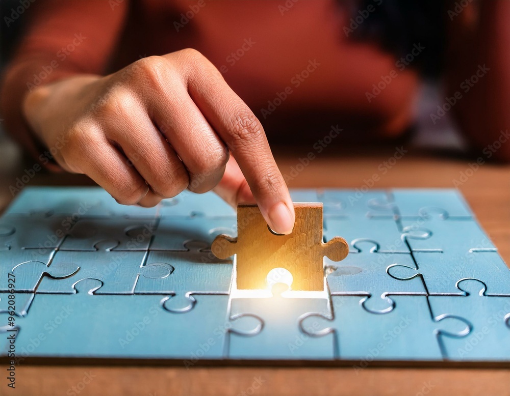 The last puzzle piece is fitted into the idea box by a hand, signifying the finishing touch The last puzzle piece is fitted into the idea box by a hand, signifying the finishing touch