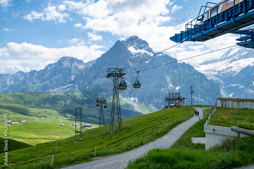 Grindelwald, Switzerland - Gondola chair lift cable car station at Grindelwald First in the Swiss Alps