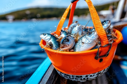 Fishing bait bucket, full of life, ready for the catch holds your live bait, wriggling and ready to attract fish photo