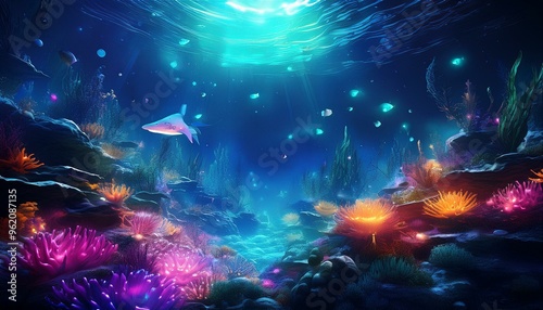 Transform the scene with bio-luminescent elements like radiant plankton, gleaming starfish, and luminous coral reef for an underwater disco vibe using CG 3D effects photo