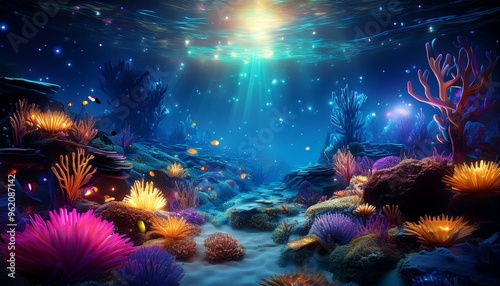 Transform the scene with bio-luminescent elements like radiant plankton, gleaming starfish, and luminous coral reef for an underwater disco vibe using CG 3D effects photo