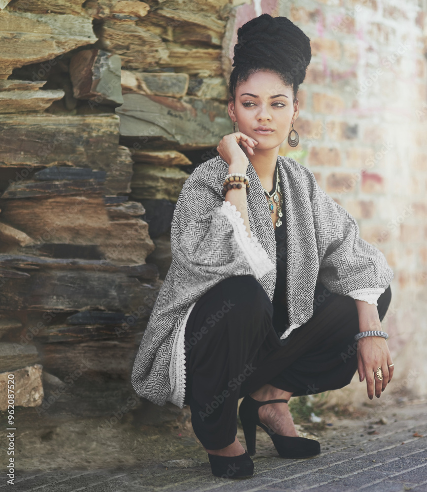 Thinking, creative and business woman in city for art curator