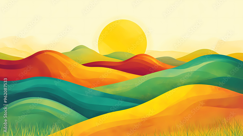 Fototapeta premium Vibrant abstract landscape with rolling hills and bright sunshine, representing the warmth of a summer day. Rolling Hills. Illustration