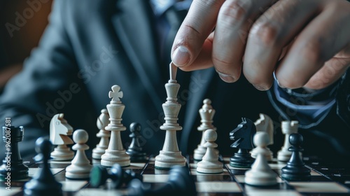 chess battle, victory, success, leader, teamwork, business strategy . business man wear business suit move prepare move king chess pieces, plan strategy lead successful business competition leader.