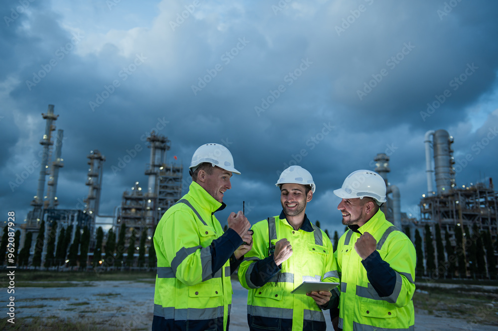 Refinery industry, engineer working with tablet at oil and gas refinery plant industry factory Refinery industry, engineer working with tablet at oil and gas refinery plant industry factory