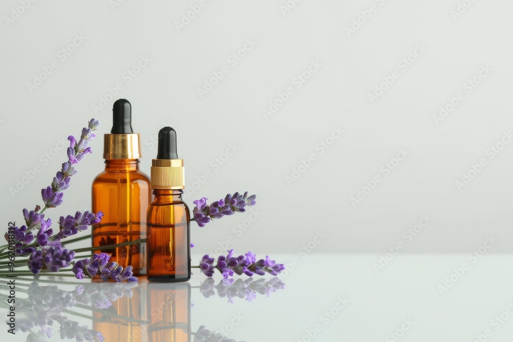 Two amber glass bottles with droppers filled with lavender oil are displayed on a white surface with fresh lavender flowers. Two amber glass bottles with droppers filled with lavender oil are displayed on a white surface with fresh lavender flowers.