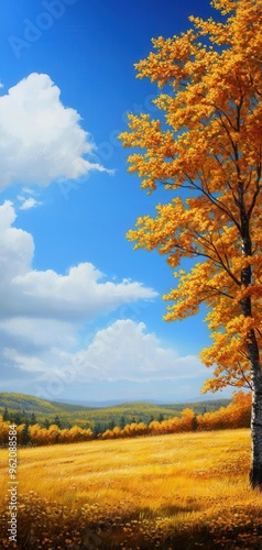 A stunning autumn landscape featuring a vibrant orange tree under a clear blue sky, capturing nature's beauty and tranquility.