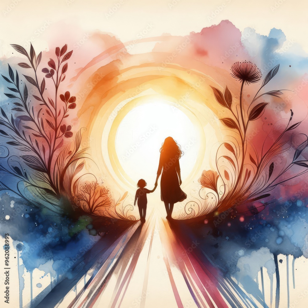 Parent and child silhouette walking away. Love concept art. Parenting and loving abstract watercolor illustration. Parenthood and childhood. Walking down the path of righteousness.
Parent and child silhouette walking away. Love concept art. Parenting and loving abstract watercolor illustration. Parenthood and childhood. Walking down the path of righteousness.