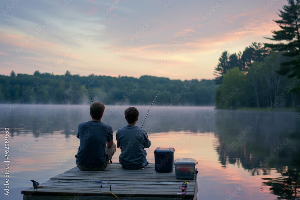 Two young men are enjoying a serene morning fishing on a wooden dock, overlooking a tranquil lake, as the sunrise paints the sky in warm hues. Two young men are enjoying a serene morning fishing on a wooden dock, overlooking a tranquil lake, as the sunrise paints the sky in warm hues.