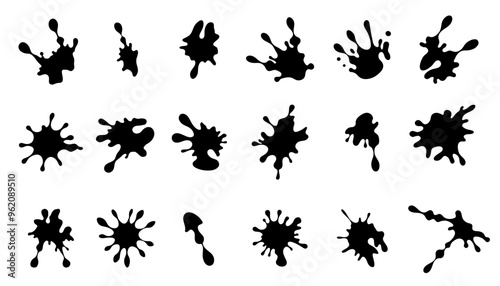 Set of black paint ink splashes silhouette. Grunge drops and spatters collection. Flat vector isolated  illustration