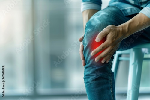 A man experiencing knee pain. He is holding his knee in a gesture of pain and discomfort