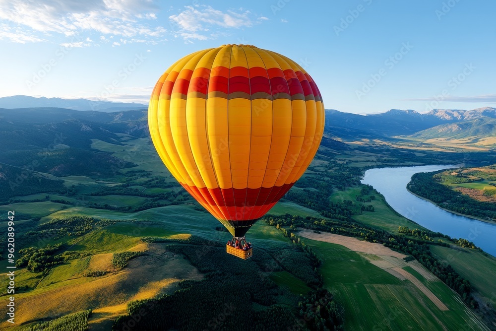 Fototapeta premium Honeymoon hot air balloon ride, soaring skies, breathtaking views offers a unique and romantic way to see the world from above