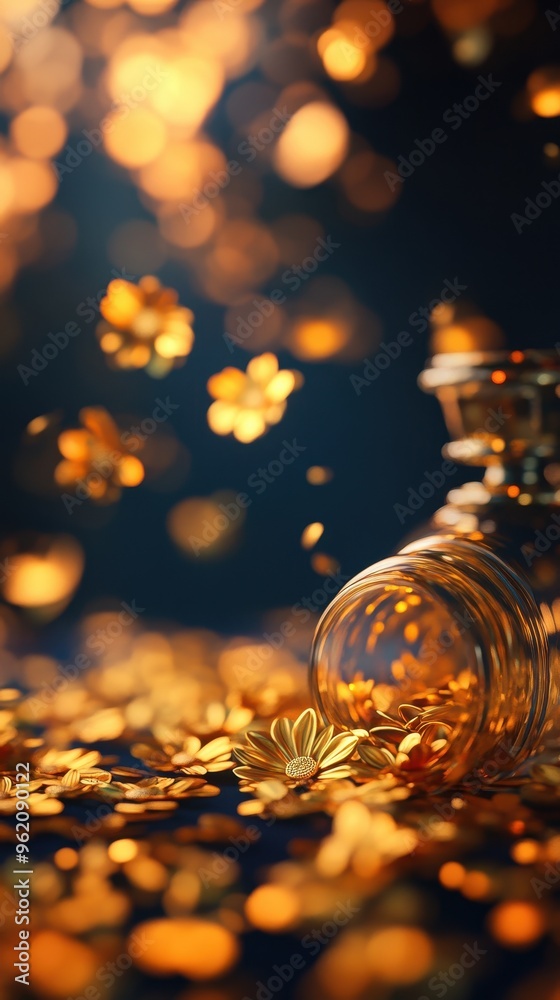 A captivating composition of golden flowers cascading from a glass jar, creating a warm and enchanting atmosphere. A captivating composition of golden flowers cascading from a glass jar, creating a warm and enchanting atmosphere.