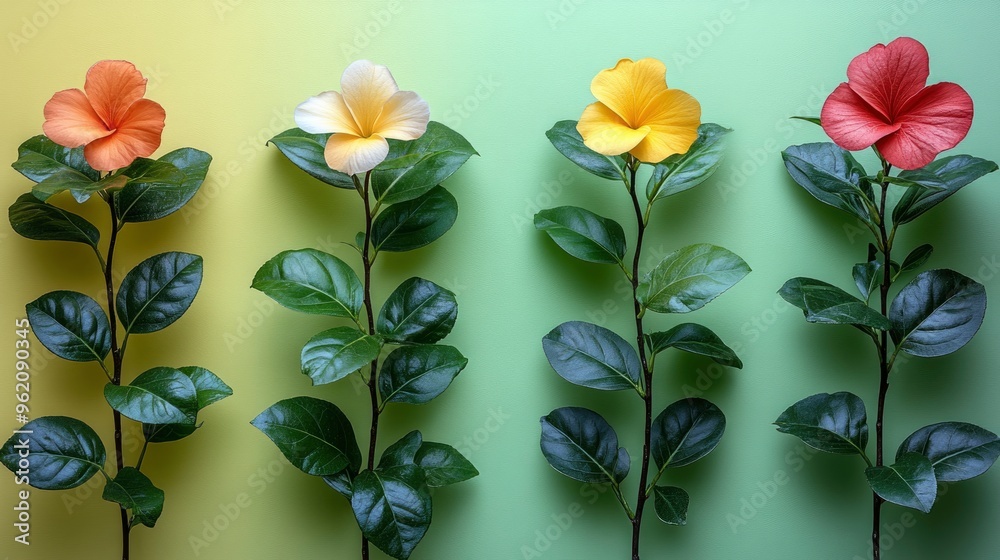 Fototapeta premium Colorful Hibiscus Flowers on Green and Yellow Background